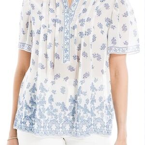 Max Studio Blue and White Boxy Short Sleeve Blouse